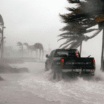 A Truck in the middle of severe weather. Lots of water and wind moving the palm trees.