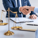 A handshake between two men over a table holding paper and a scale of justice.